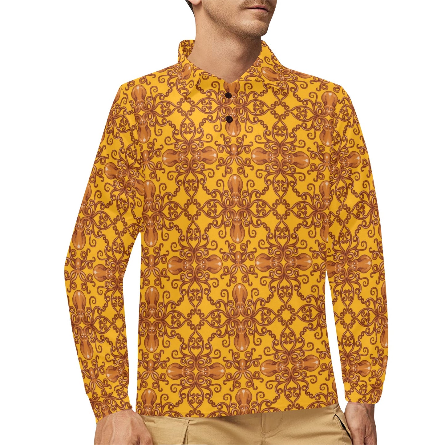 Octopus Background Design Print Long Sleeve Polo Shirt For Men's