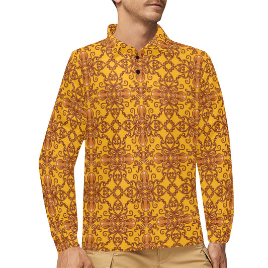 Octopus Background Design Print Long Sleeve Polo Shirt For Men's