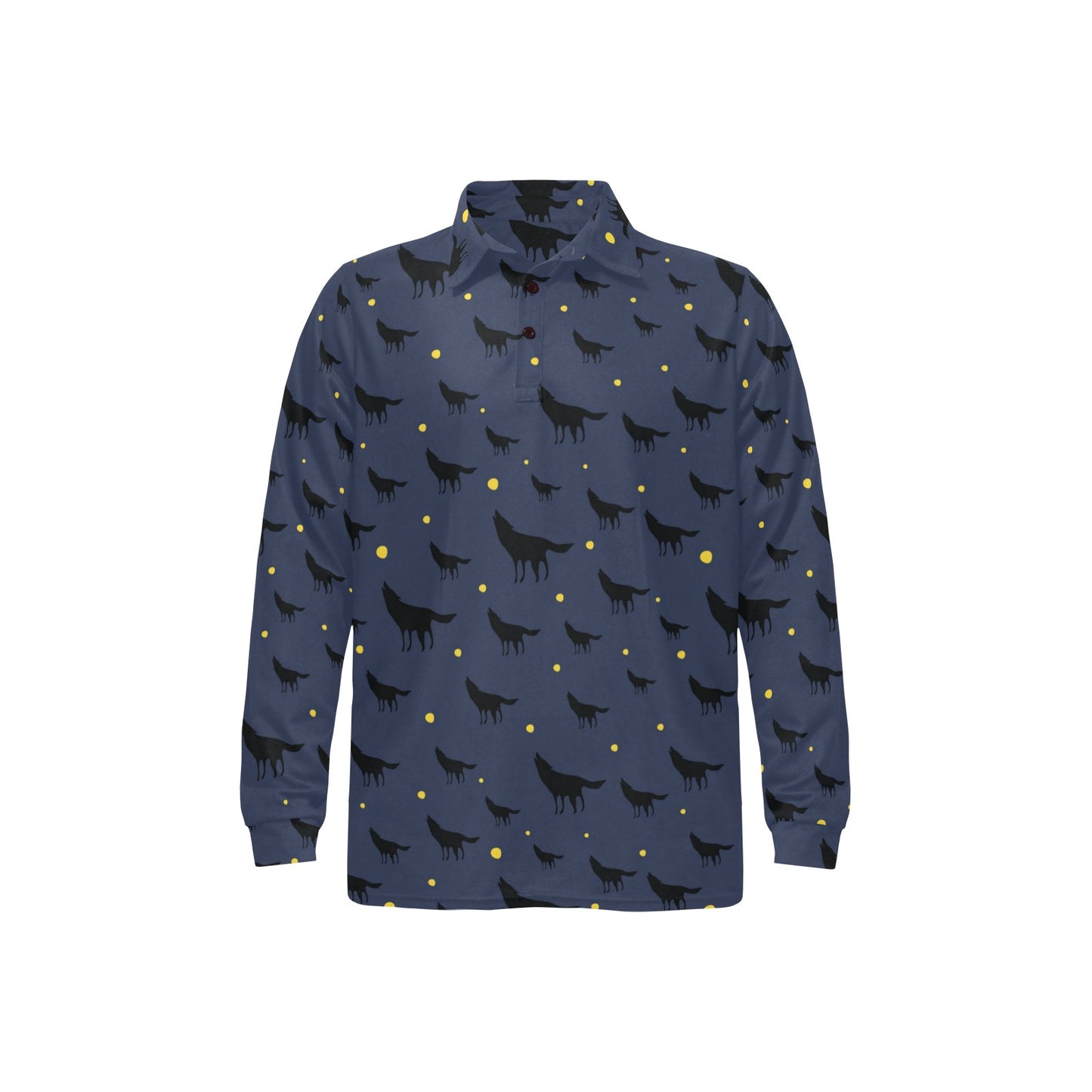 Wolf Print Design LKS301 Long Sleeve Polo Shirt For Men's