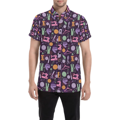 Sewing Equipment Print Design LKS306 Men Short Sleeve Button Up Shirt