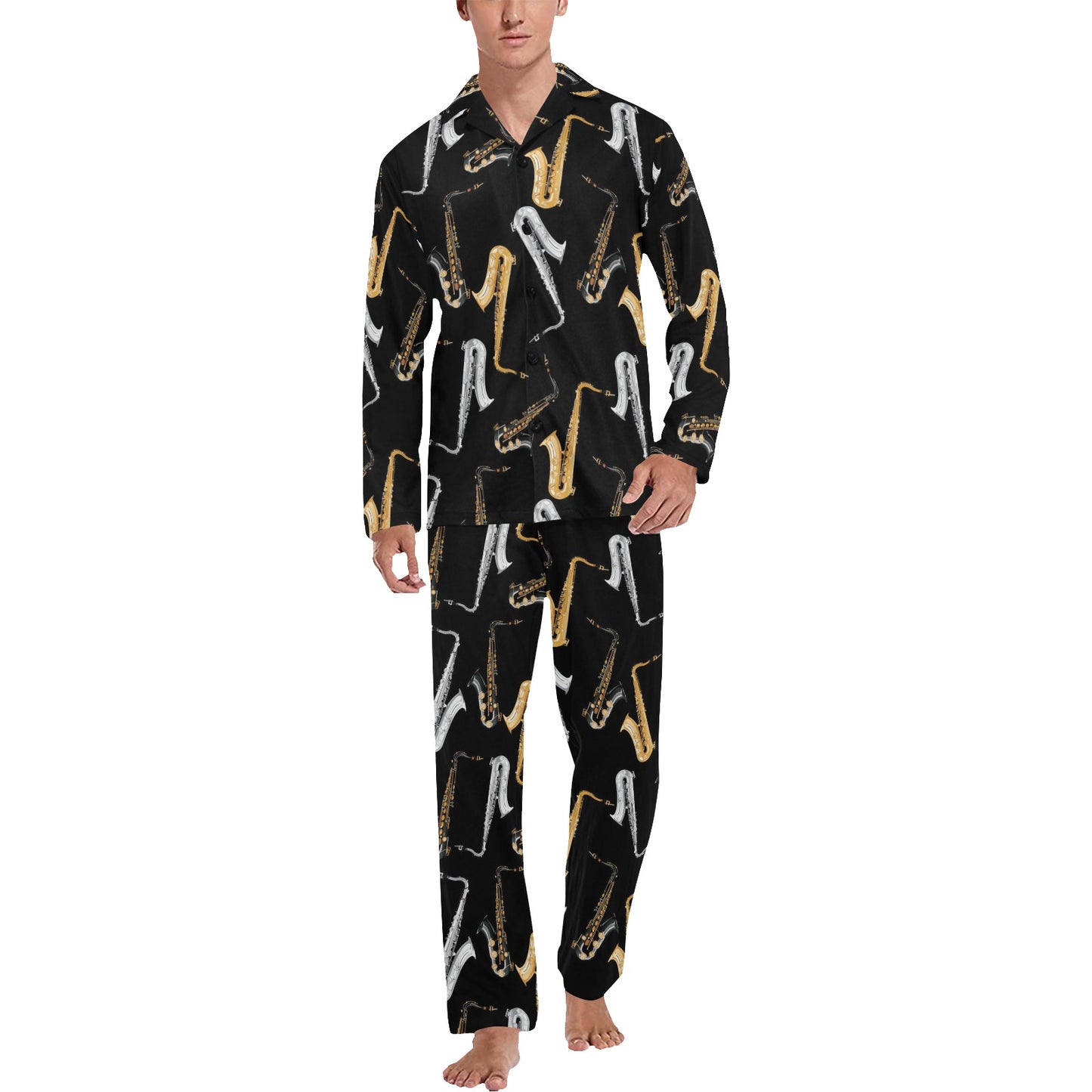 Saxophone Pattern Print Design 01 Men's Long Pajama Set