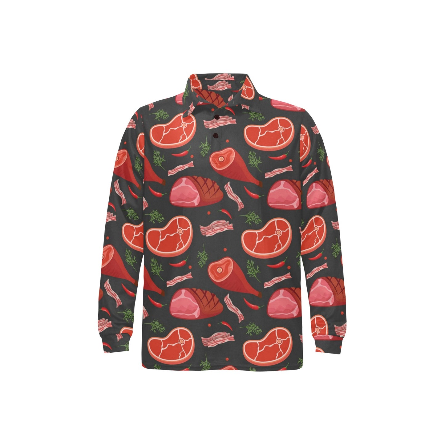 Meat Pattern Print Design 03 Long Sleeve Polo Shirt For Men's