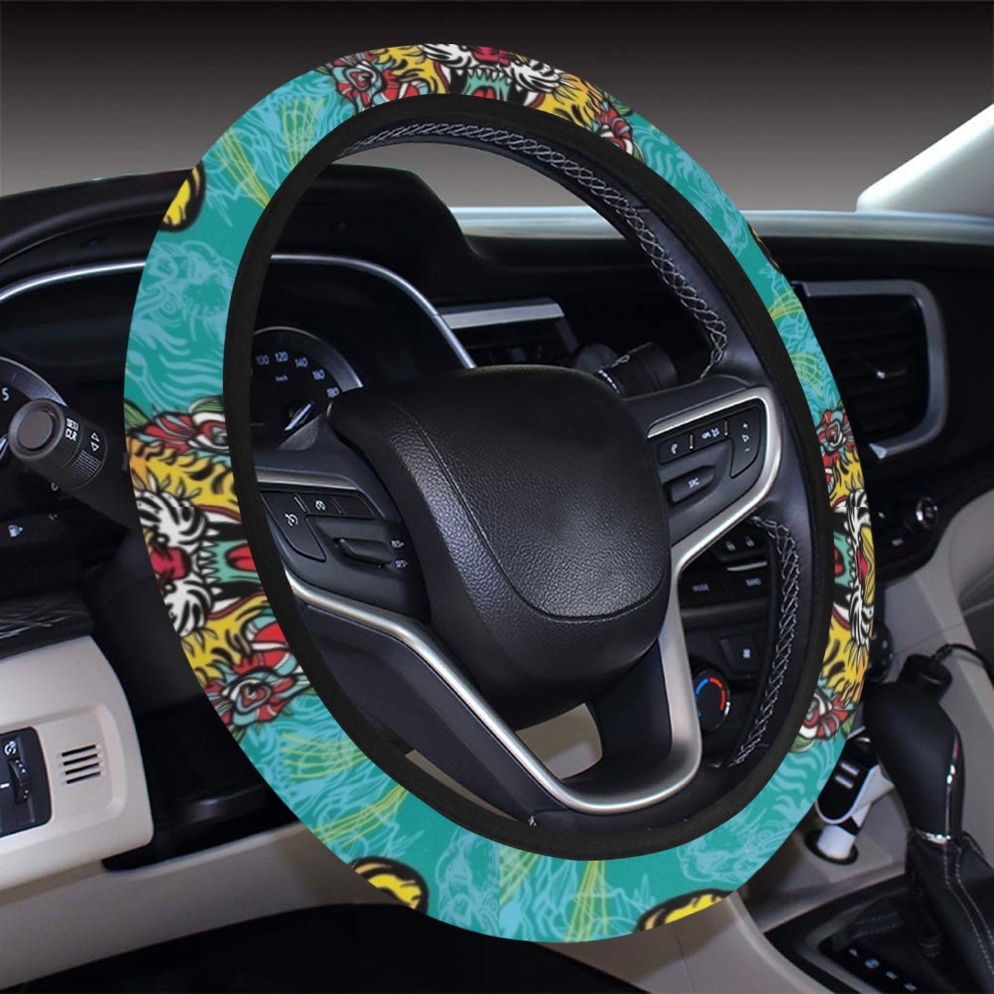 Tattoo Tiger Head Print Design LKS304 Steering Wheel Cover with Elastic Edge
