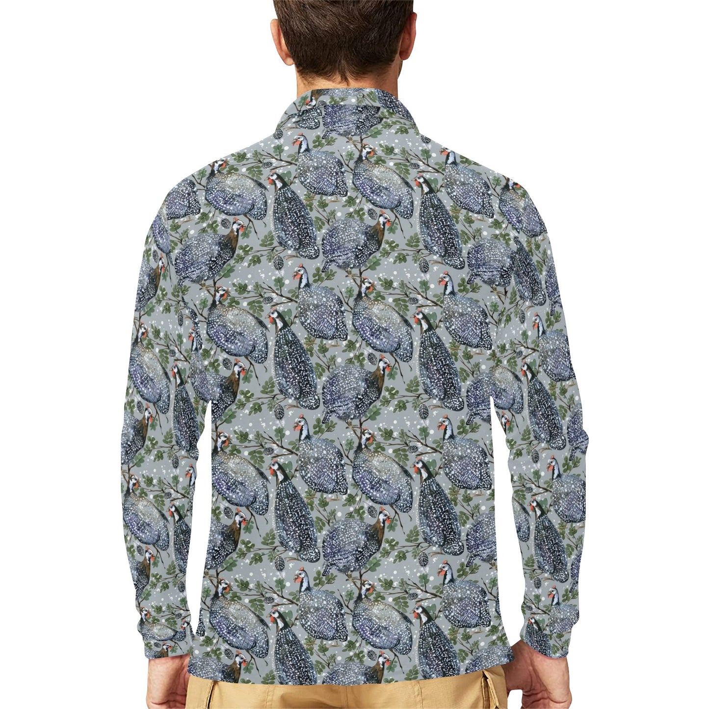 Guinea Fowl Print Design LKS402 Long Sleeve Polo Shirt For Men's