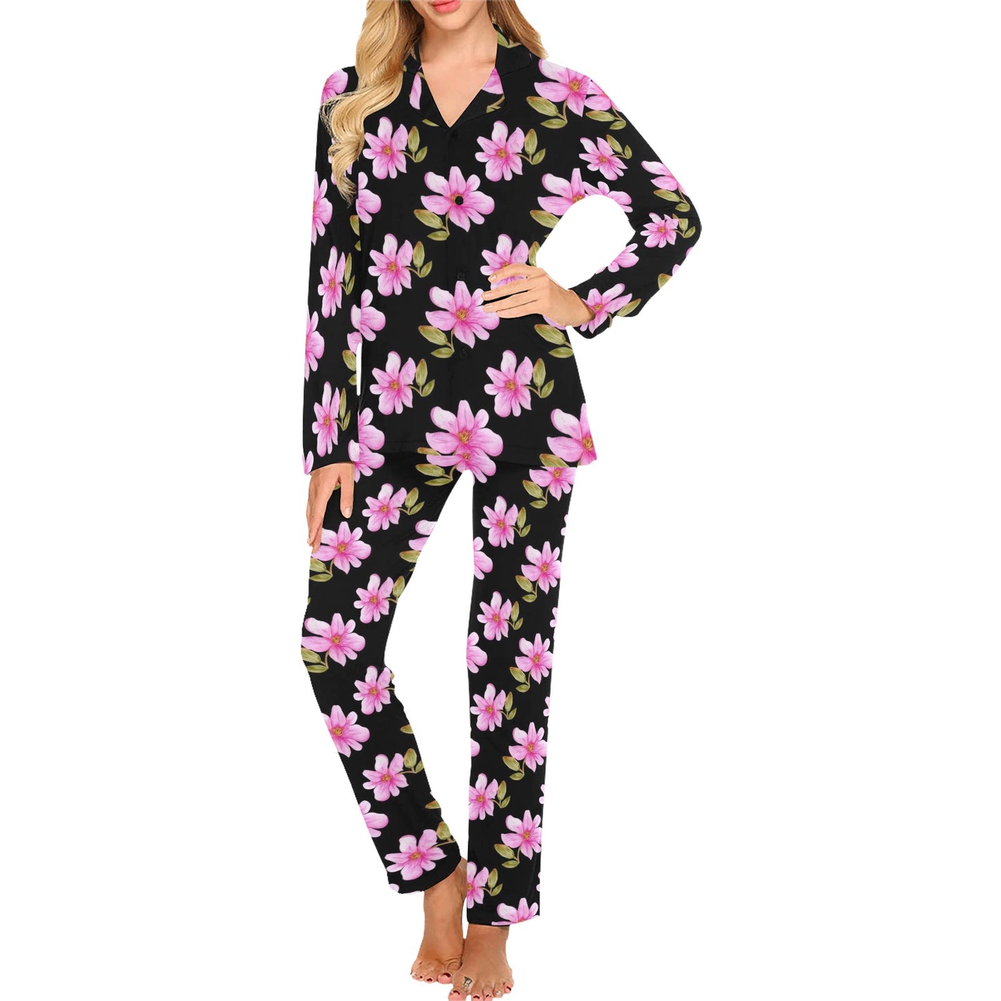 Magnolia Pattern Print Design MAG06 Women's Long Pajama Set