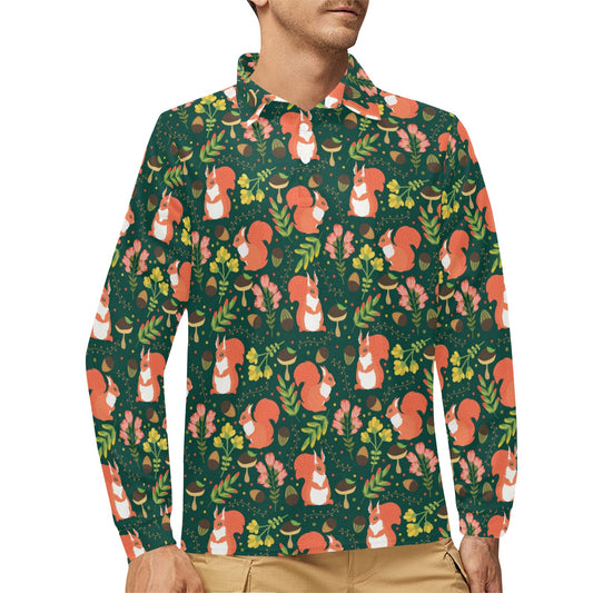 Squirrel Print Design LKS302 Long Sleeve Polo Shirt For Men's