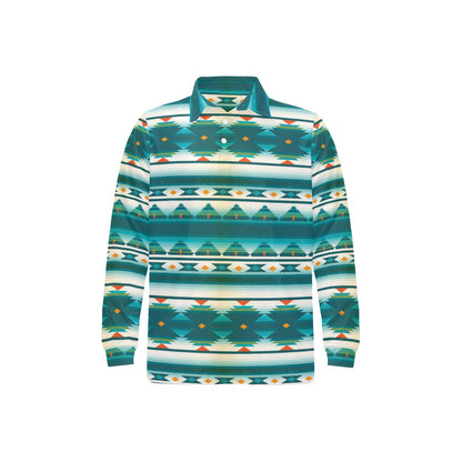 Blue Tribal Aztec Long Sleeve Polo Shirt For Men's