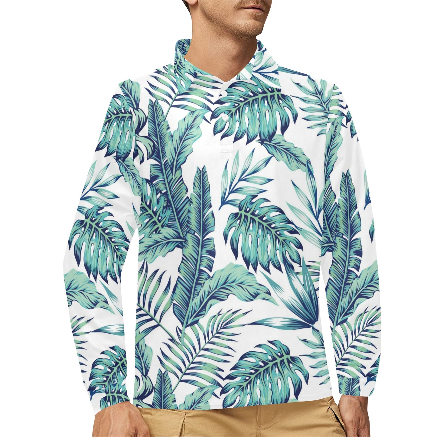 Pattern Tropical Palm Leaves Long Sleeve Polo Shirt For Men's
