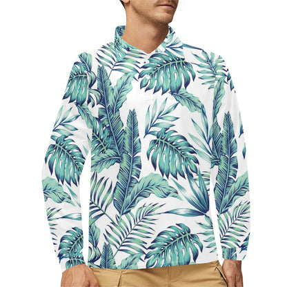 Pattern Tropical Palm Leaves Long Sleeve Polo Shirt For Men's