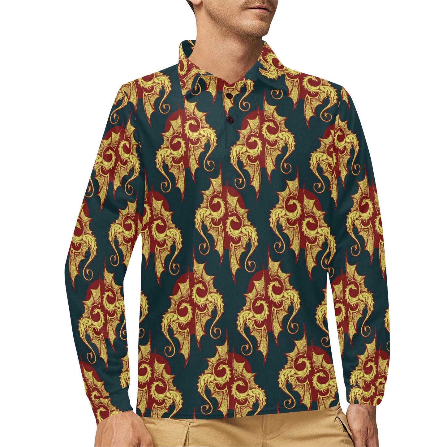 Dragons Gold Design Pattern Long Sleeve Polo Shirt For Men's