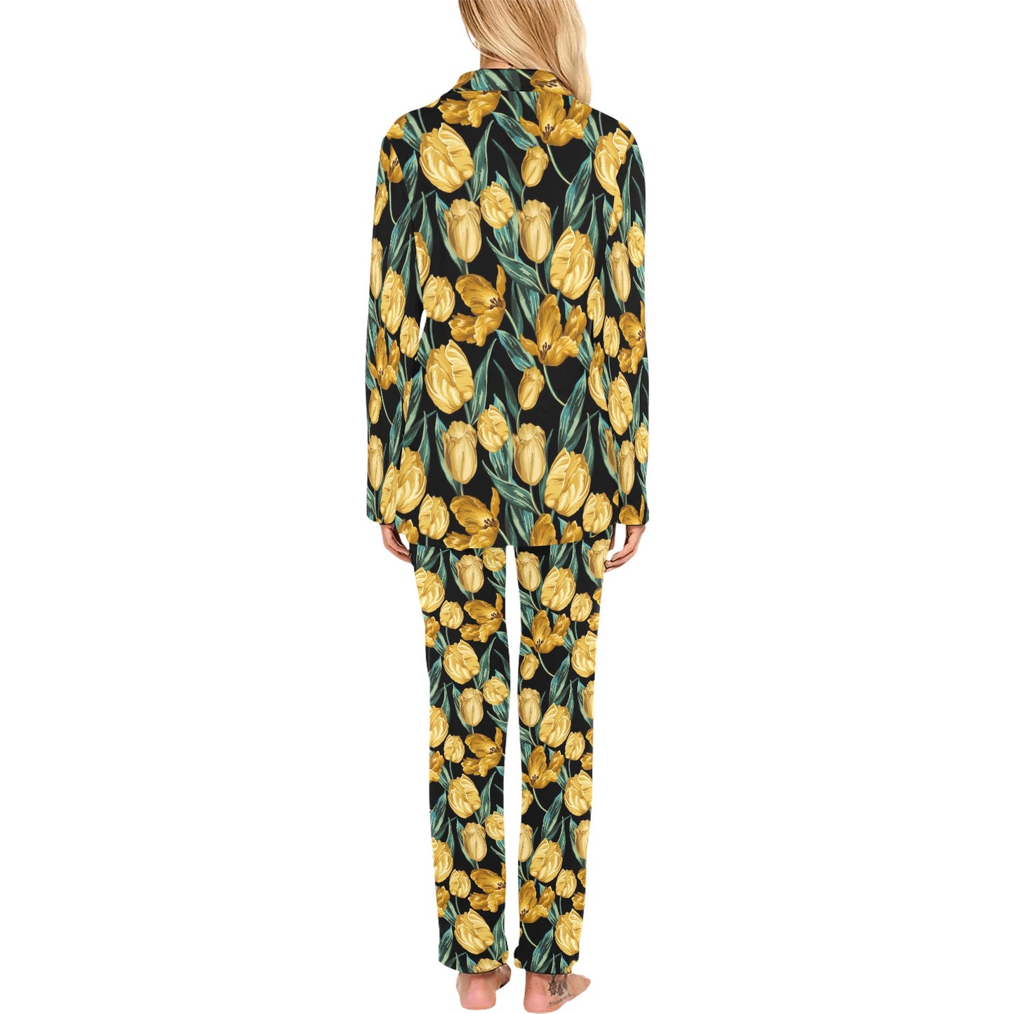 Elegant Yellow Tulip Print Women's Long Pajama Set