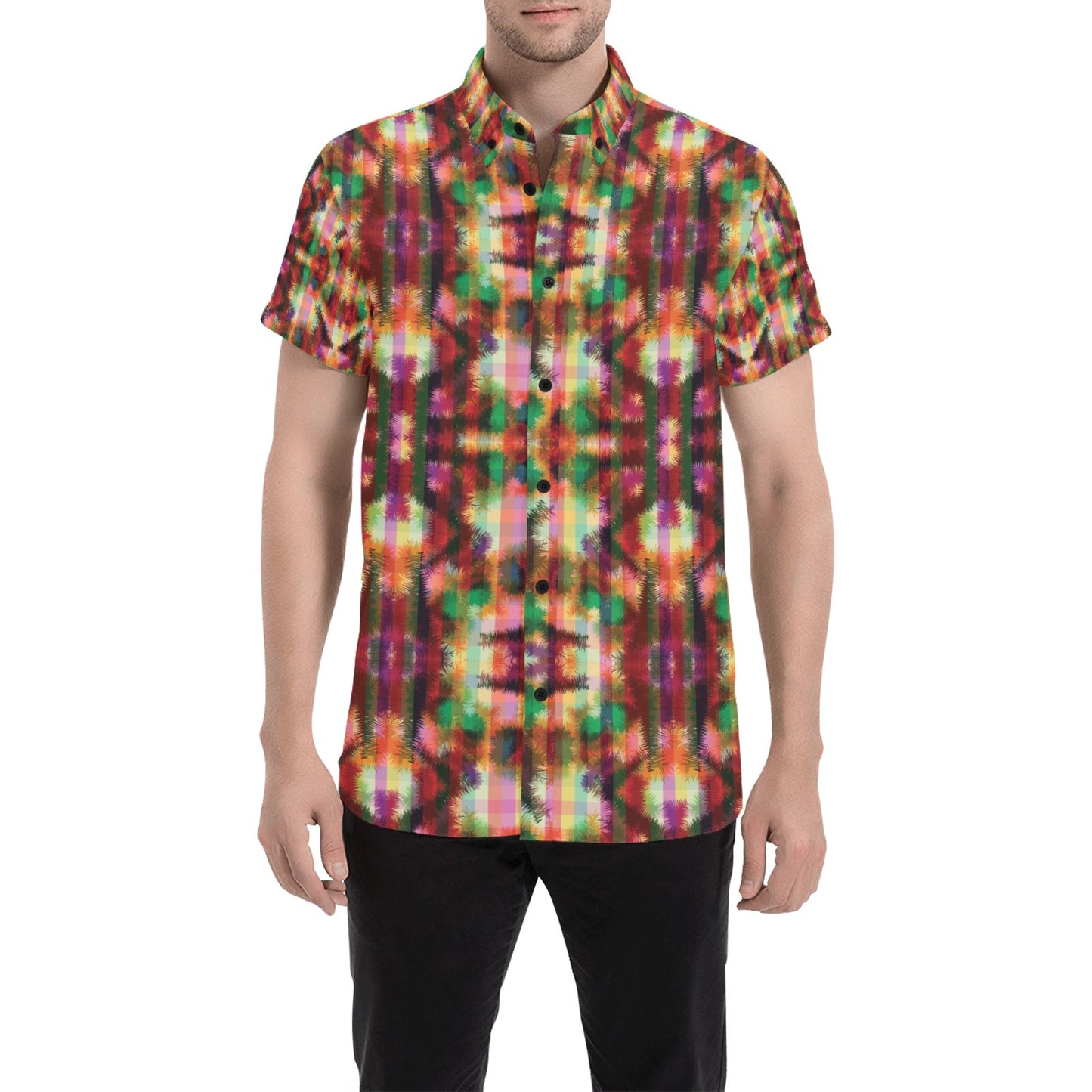 Tie Dye Print Design LKS301 Men Short Sleeve Button Up Shirt