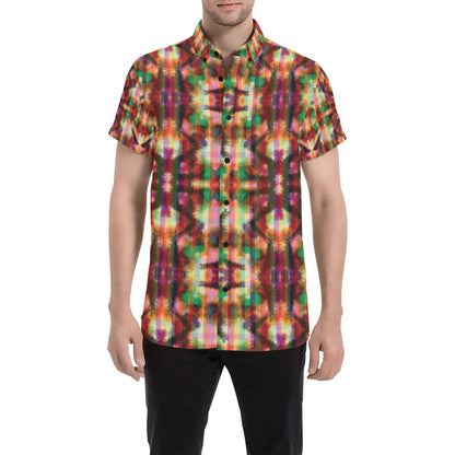 Tie Dye Print Design LKS301 Men Short Sleeve Button Up Shirt
