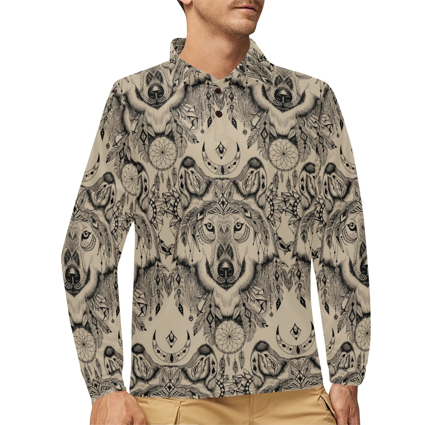 Indian Boho Wolf Long Sleeve Polo Shirt For Men's