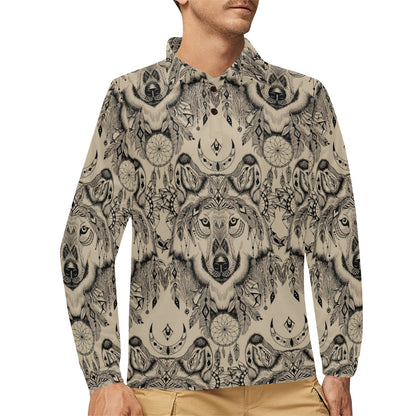 Indian Boho Wolf Long Sleeve Polo Shirt For Men's