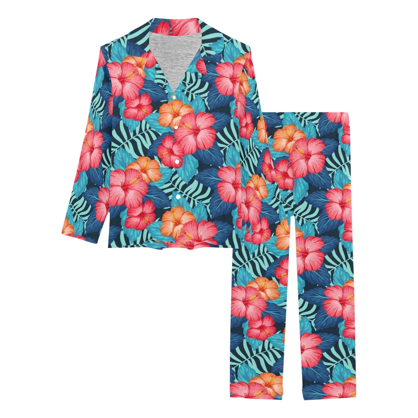 Red Hibiscus Pattern Print Design HB02 Women's Long Pajama Set
