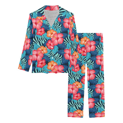 Red Hibiscus Pattern Print Design HB02 Women's Long Pajama Set