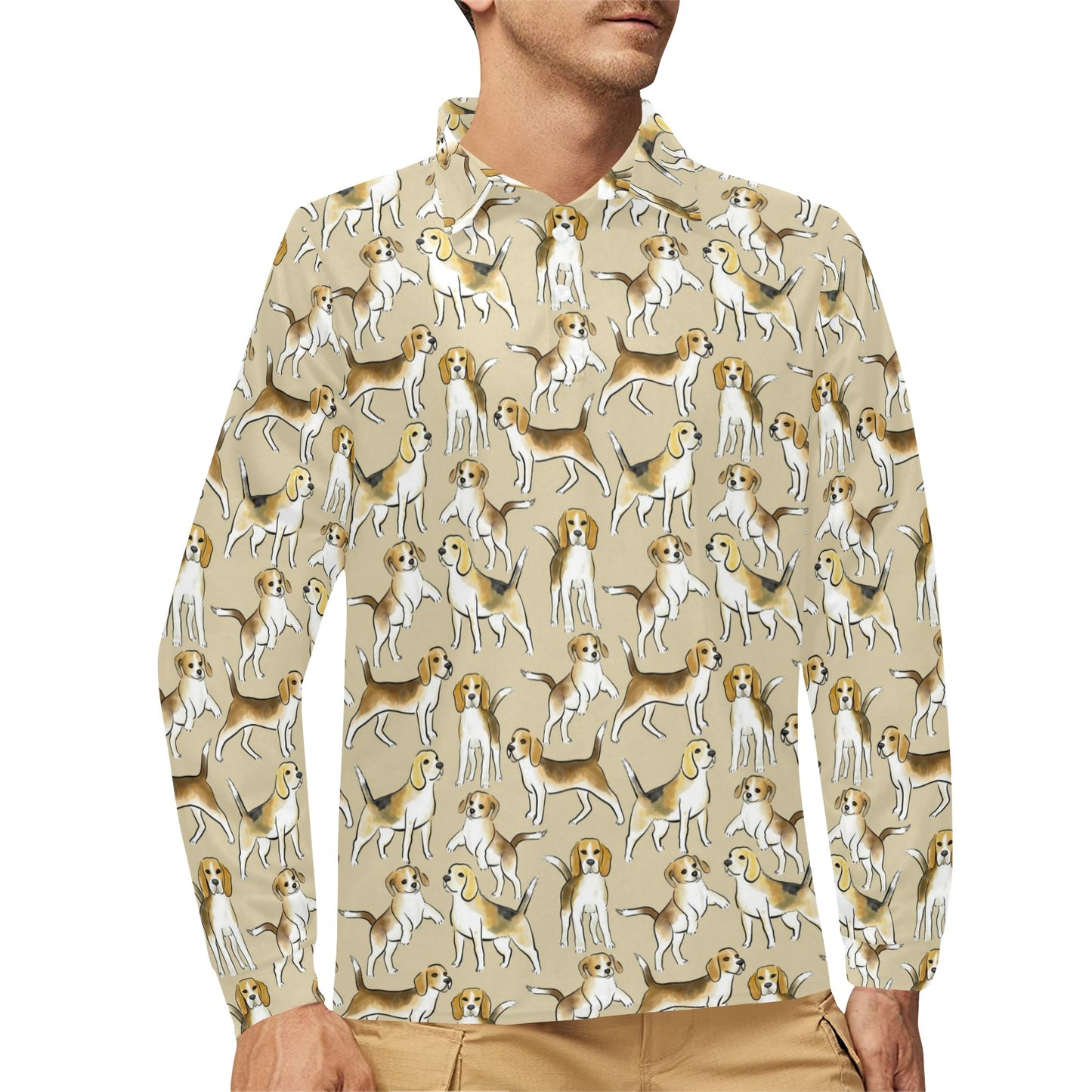 Beagle Pattern Print Design 04 Long Sleeve Polo Shirt For Men's