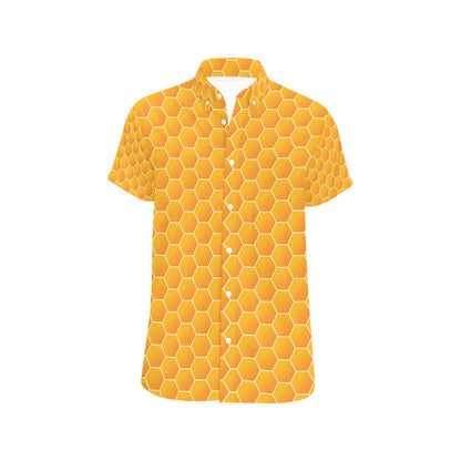 Honey Bee Honeycomb Print Design LKS3011 Men Short Sleeve Button Up Shirt