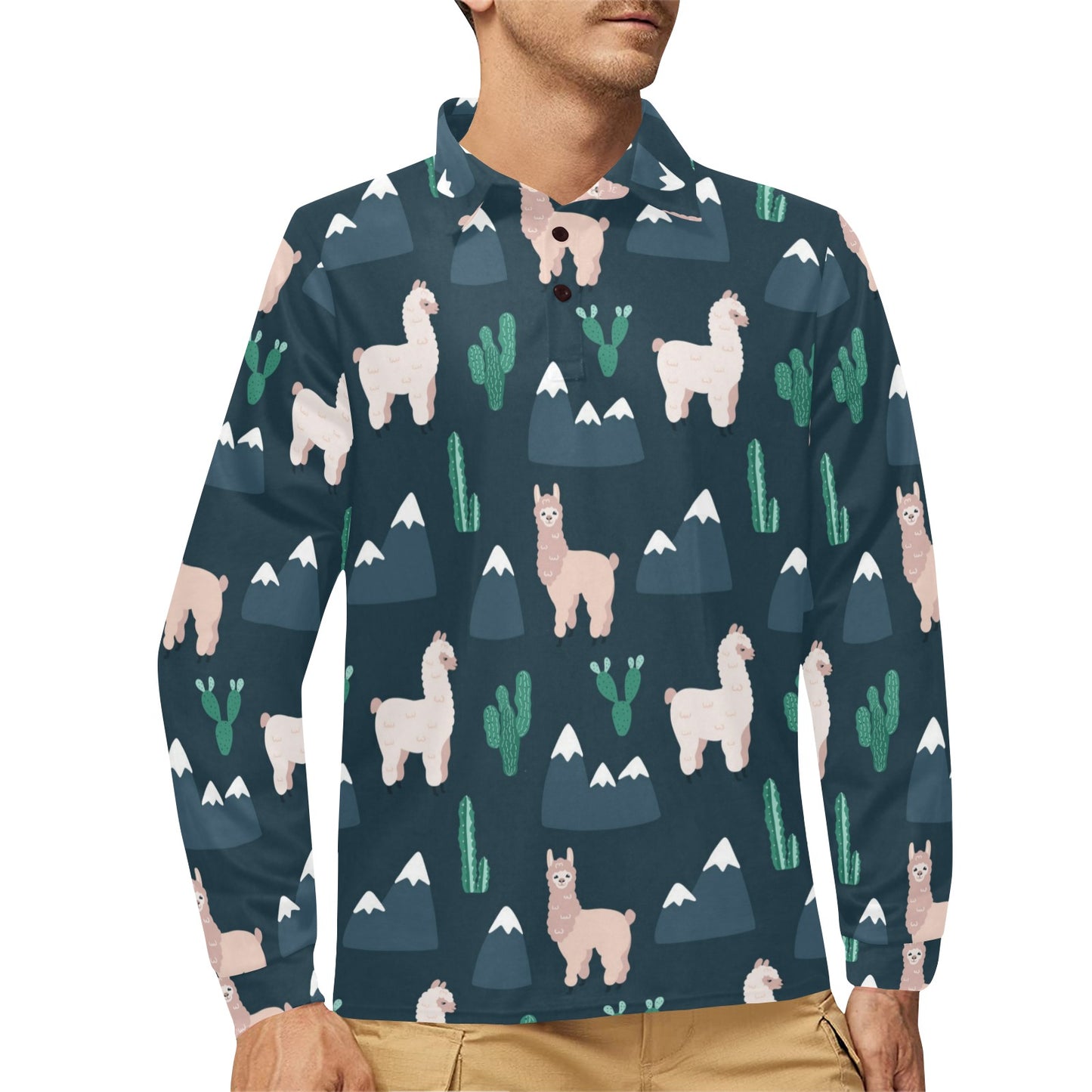 Llama Pattern Print Design 06 Long Sleeve Polo Shirt For Men's