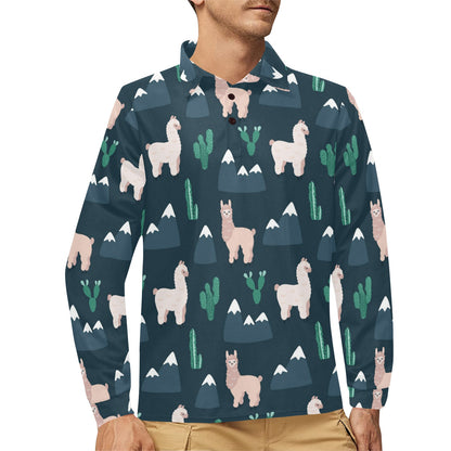 Llama Pattern Print Design 06 Long Sleeve Polo Shirt For Men's