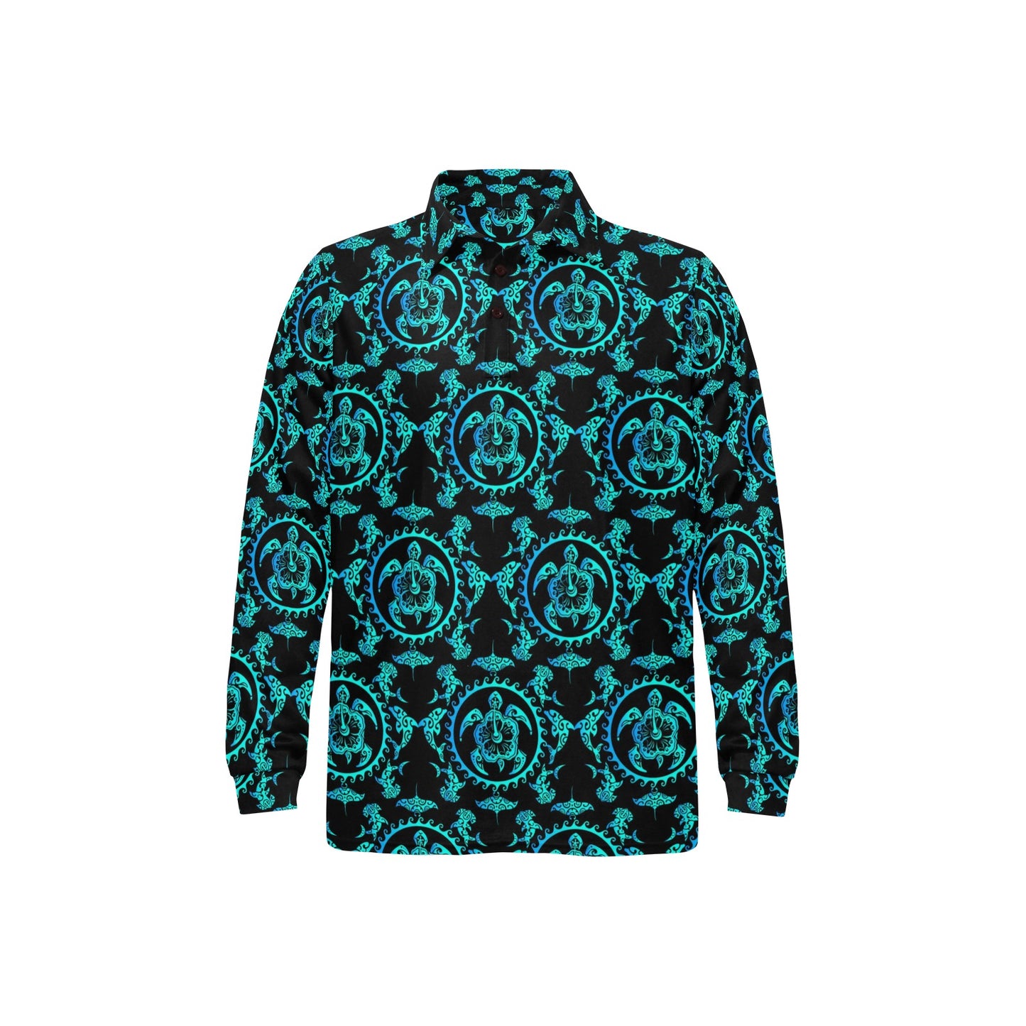 turquoise Tribal Sea Turtle Hawaiian Long Sleeve Polo Shirt For Men's