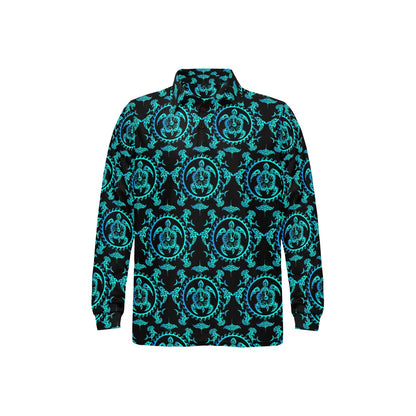 turquoise Tribal Sea Turtle Hawaiian Long Sleeve Polo Shirt For Men's
