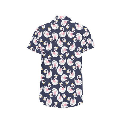 Swan Print Design LKS403 Men Short Sleeve Button Up Shirt