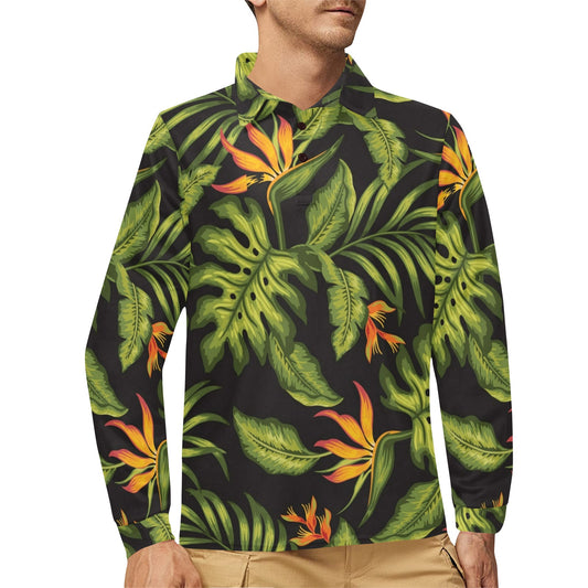 Bird Of Paradise Pattern Print Design BOP013 Long Sleeve Polo Shirt For Men's