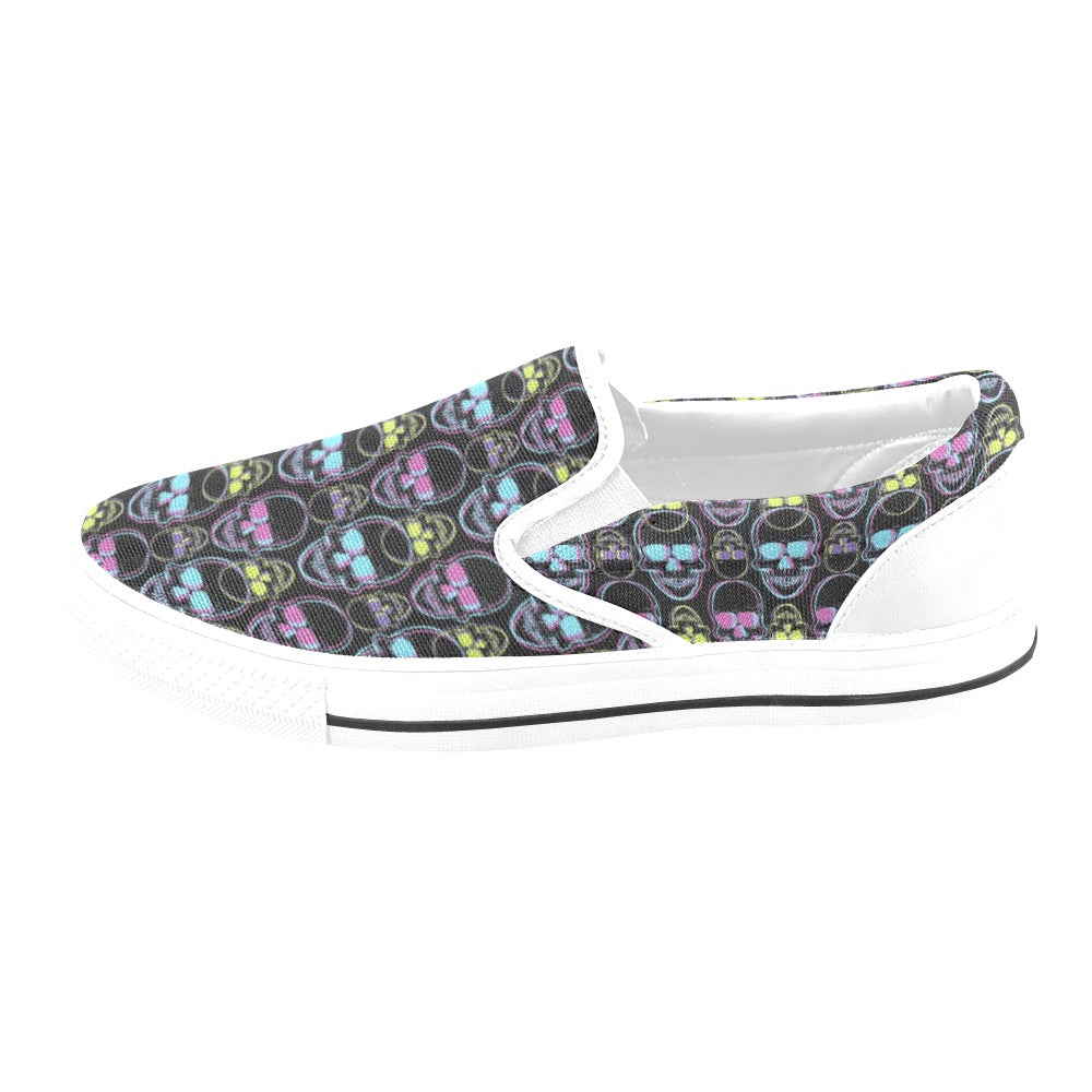 Skull 3D Colorful Print Design LKS309 White Slip Ons Canvas Women's Shoes