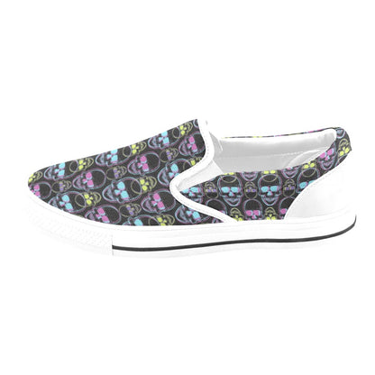 Skull 3D Colorful Print Design LKS309 White Slip Ons Canvas Women's Shoes