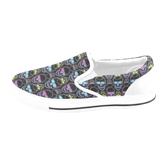 Skull 3D Colorful Print Design LKS309 White Slip Ons Canvas Women's Shoes