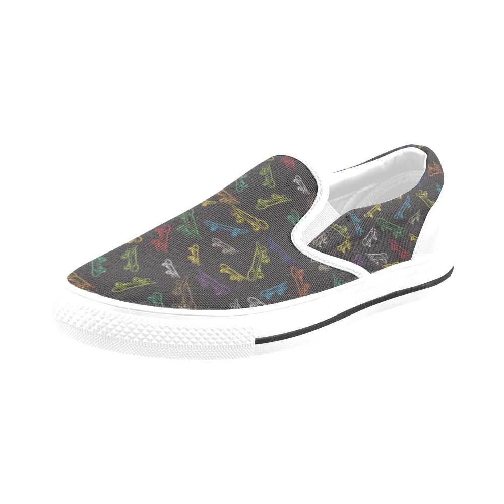 Skateboard Print Design LKS301 White Slip Ons Canvas Women's Shoes