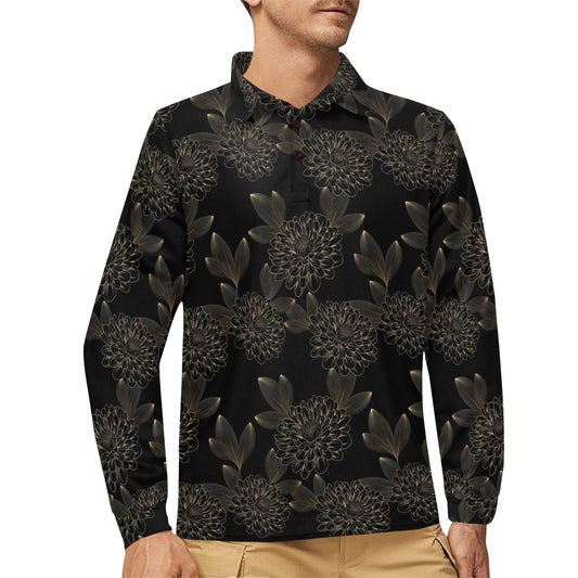 Dahlia Pattern Print Design DH04 Long Sleeve Polo Shirt For Men's