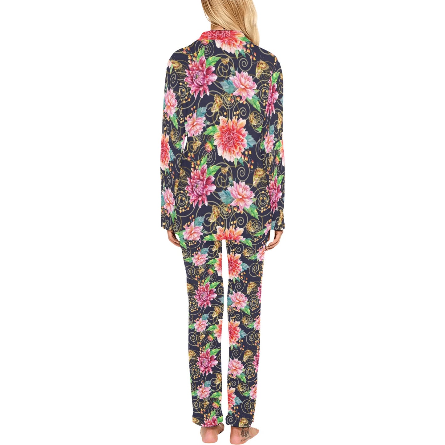 Dahlia Pattern Print Design DH02 Women's Long Pajama Set