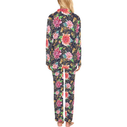 Dahlia Pattern Print Design DH02 Women's Long Pajama Set