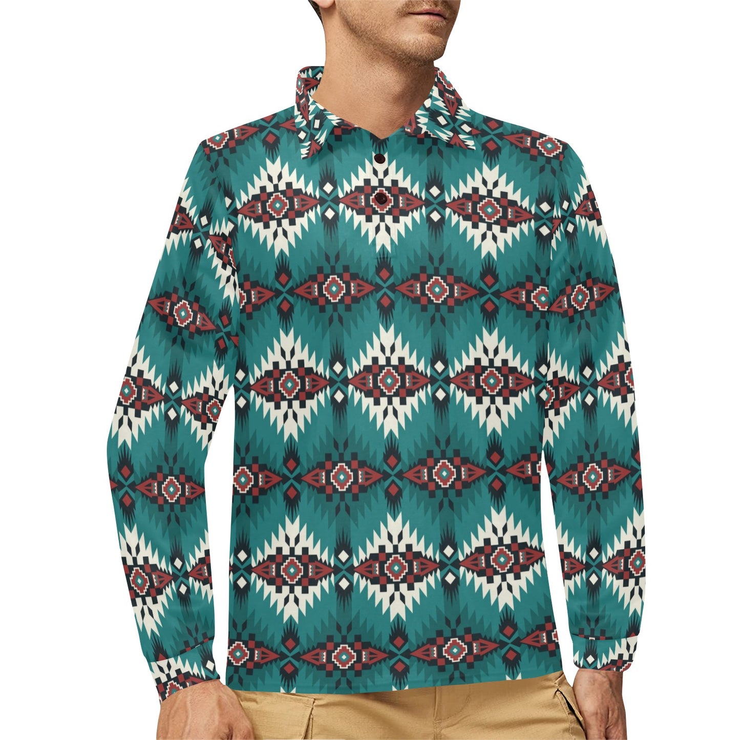 Southwest Pattern Print Design LKS308 Long Sleeve Polo Shirt For Men's