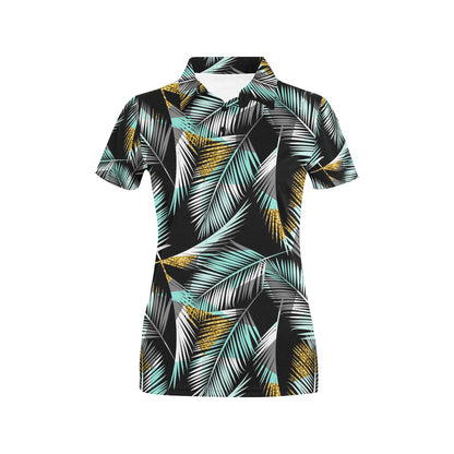 Gold Glitter Cyan Tropical Palm Leaves Women's Polo Shirt