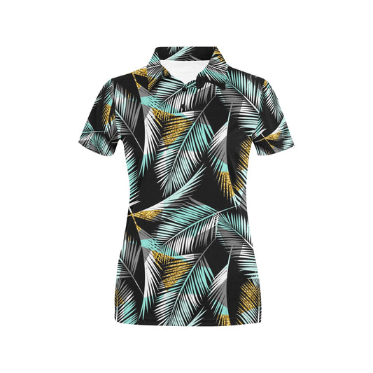 Gold Glitter Cyan Tropical Palm Leaves Women's Polo Shirt