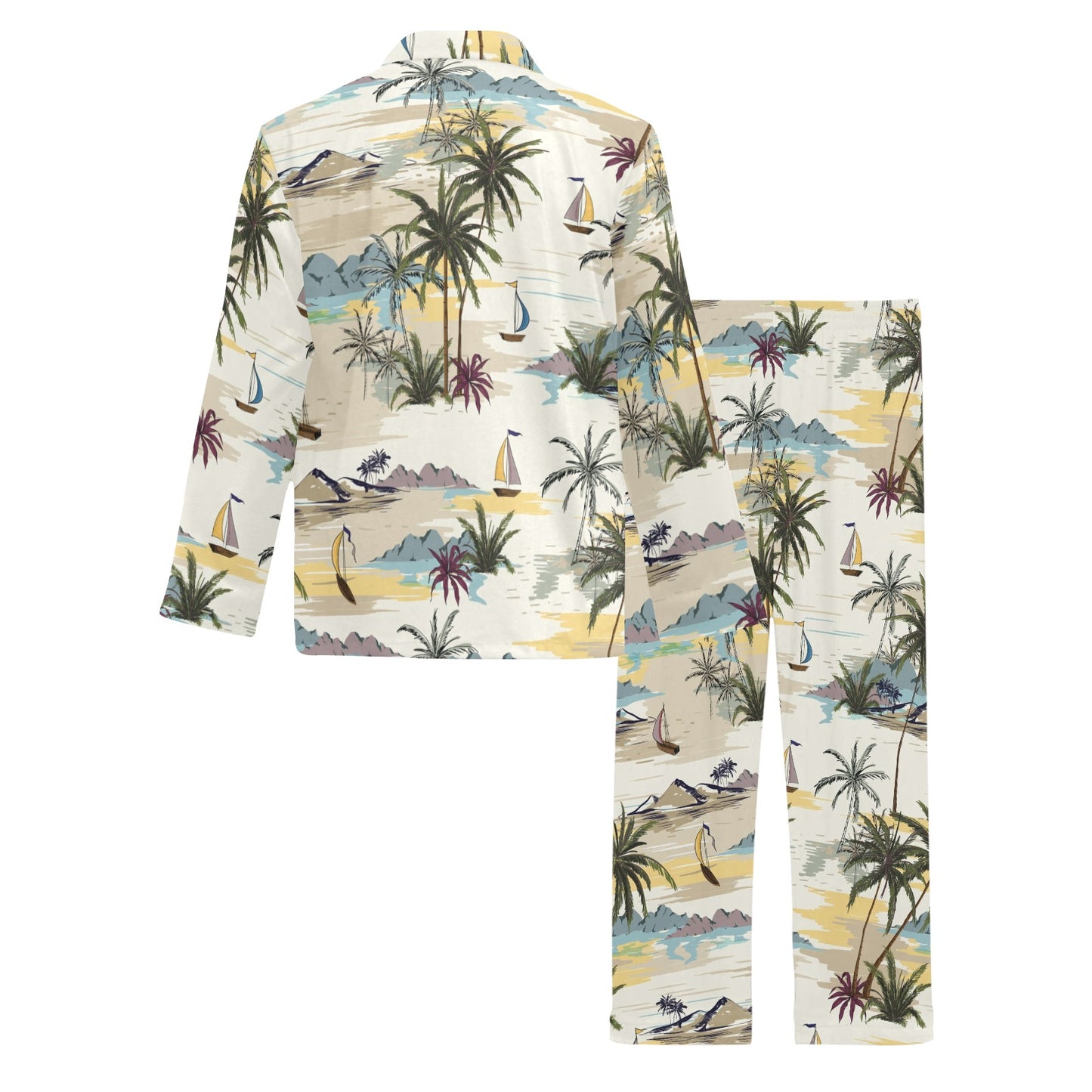 Palm Tree Beach Print Men's Long Pajama Set