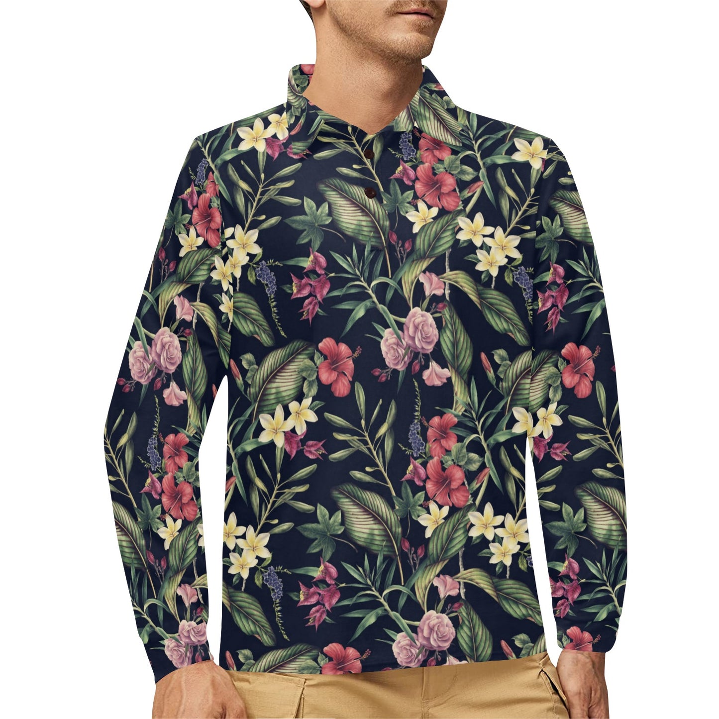 Tropical Flower Pattern Long Sleeve Polo Shirt For Men's