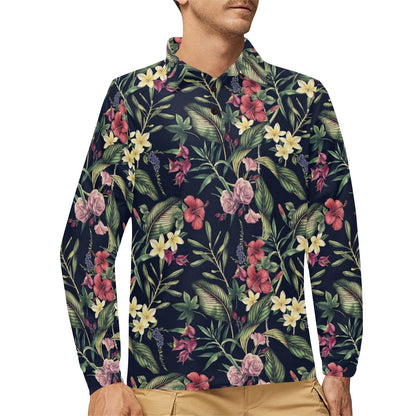 Tropical Flower Pattern Long Sleeve Polo Shirt For Men's