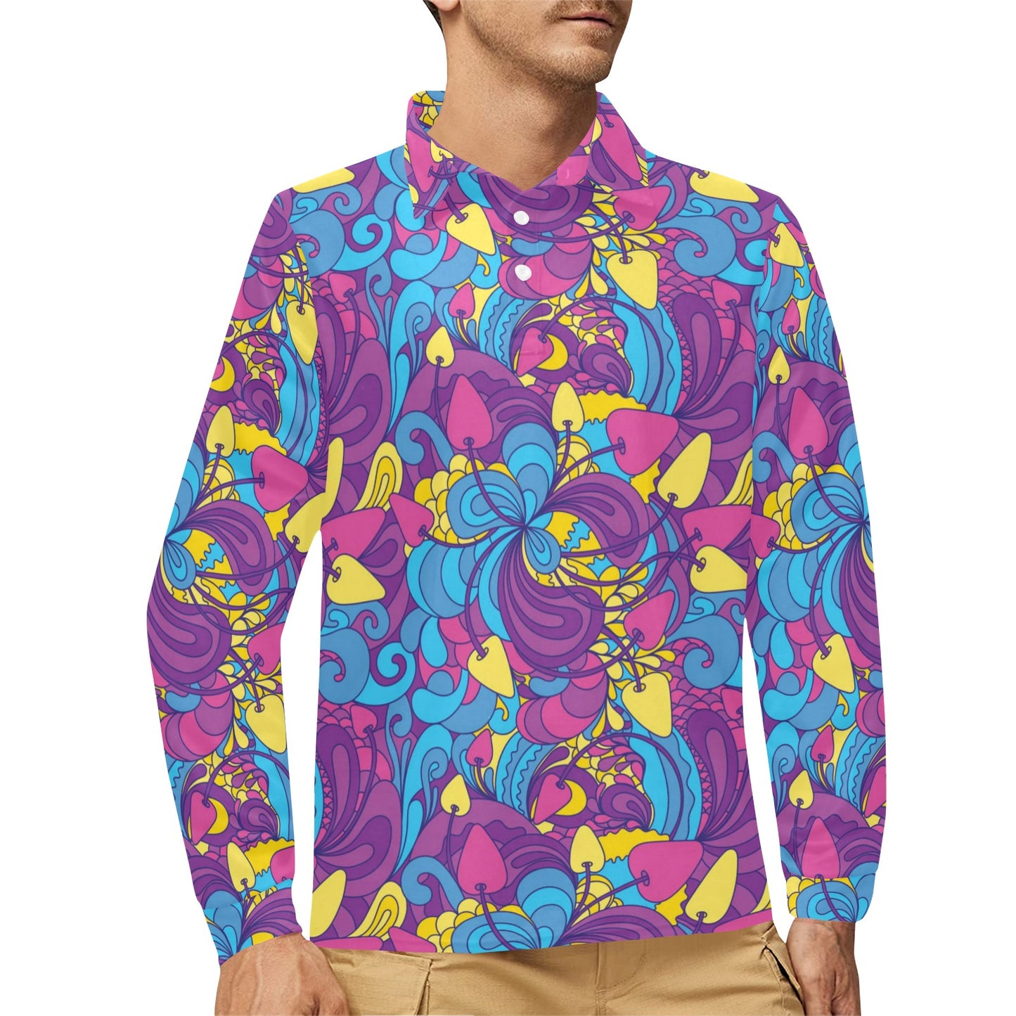 Psychedelic Mushroom Pattern Print Design A03 Long Sleeve Polo Shirt For Men's