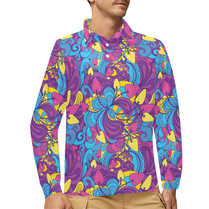 Psychedelic Mushroom Pattern Print Design A03 Long Sleeve Polo Shirt For Men's