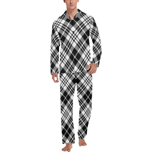 Plaid Black White Pattern Print Design A02 Men's Long Pajama Set