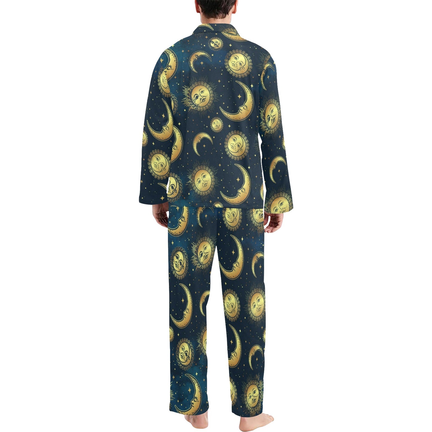 Gold Sun Moon Face Men's Long Pajama Set