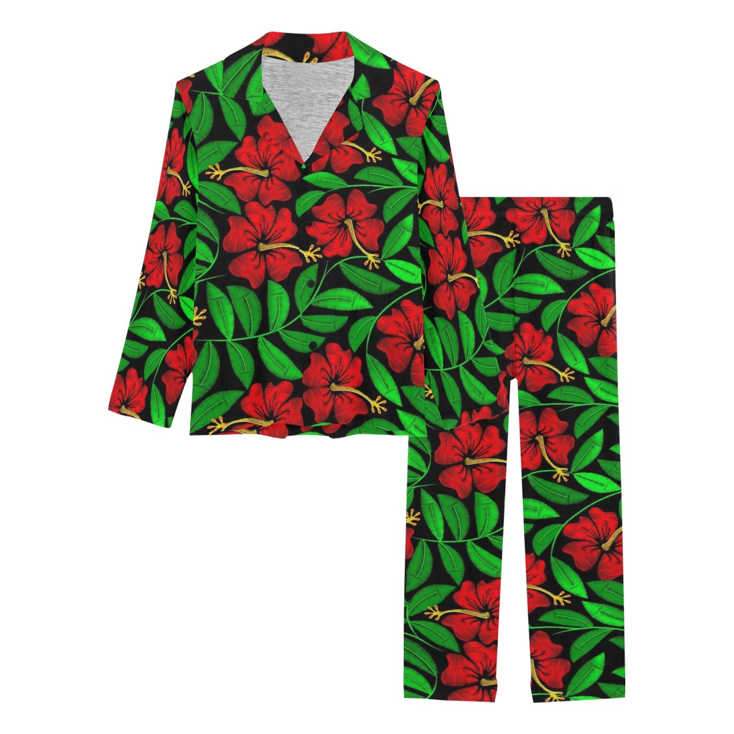 Red Hibiscus Embroidered Pattern Print Design HB032 Women's Long Pajama Set