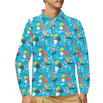 Cooking Kitchen Tools Pattern Print Design 03 Long Sleeve Polo Shirt For Men's