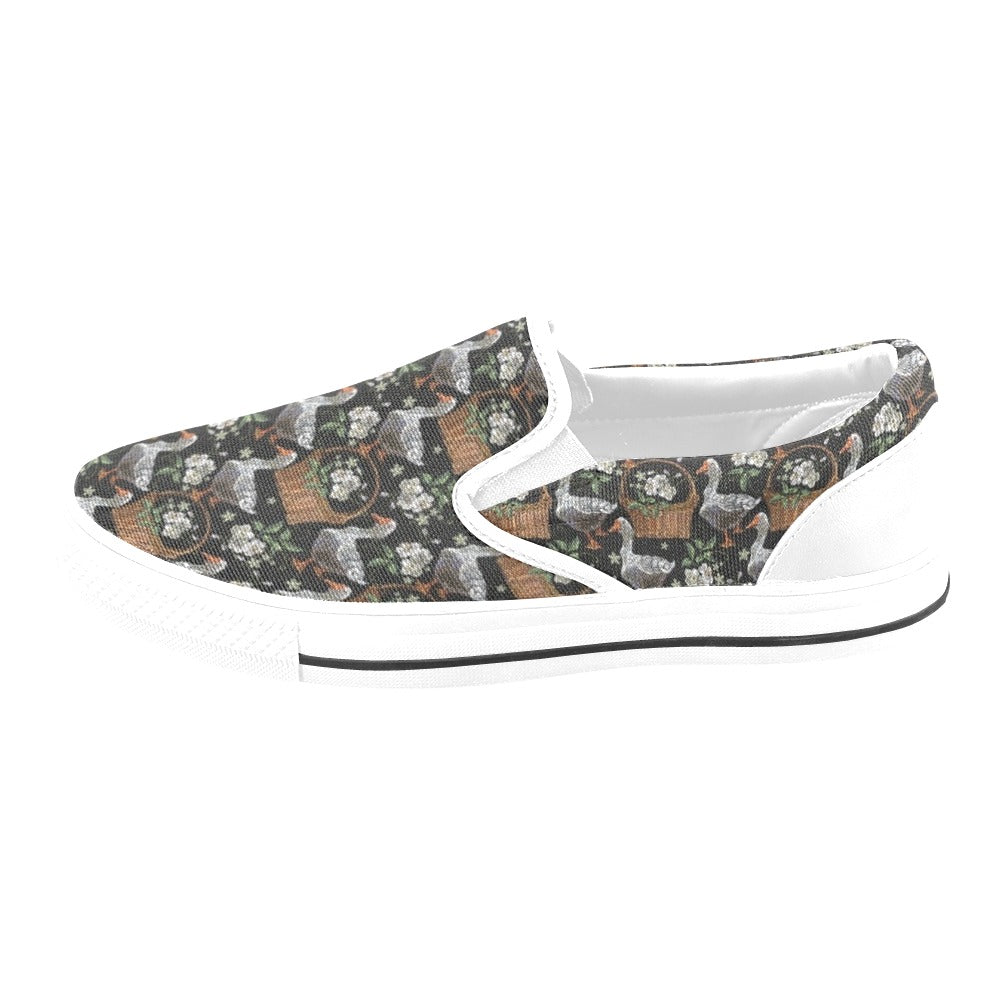 Goose Print Design LKS406 White Slip Ons Canvas Women's Shoes