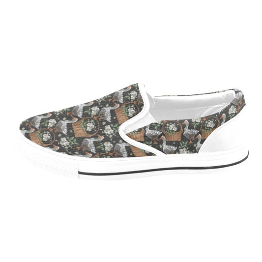 Goose Print Design LKS406 White Slip Ons Canvas Women's Shoes